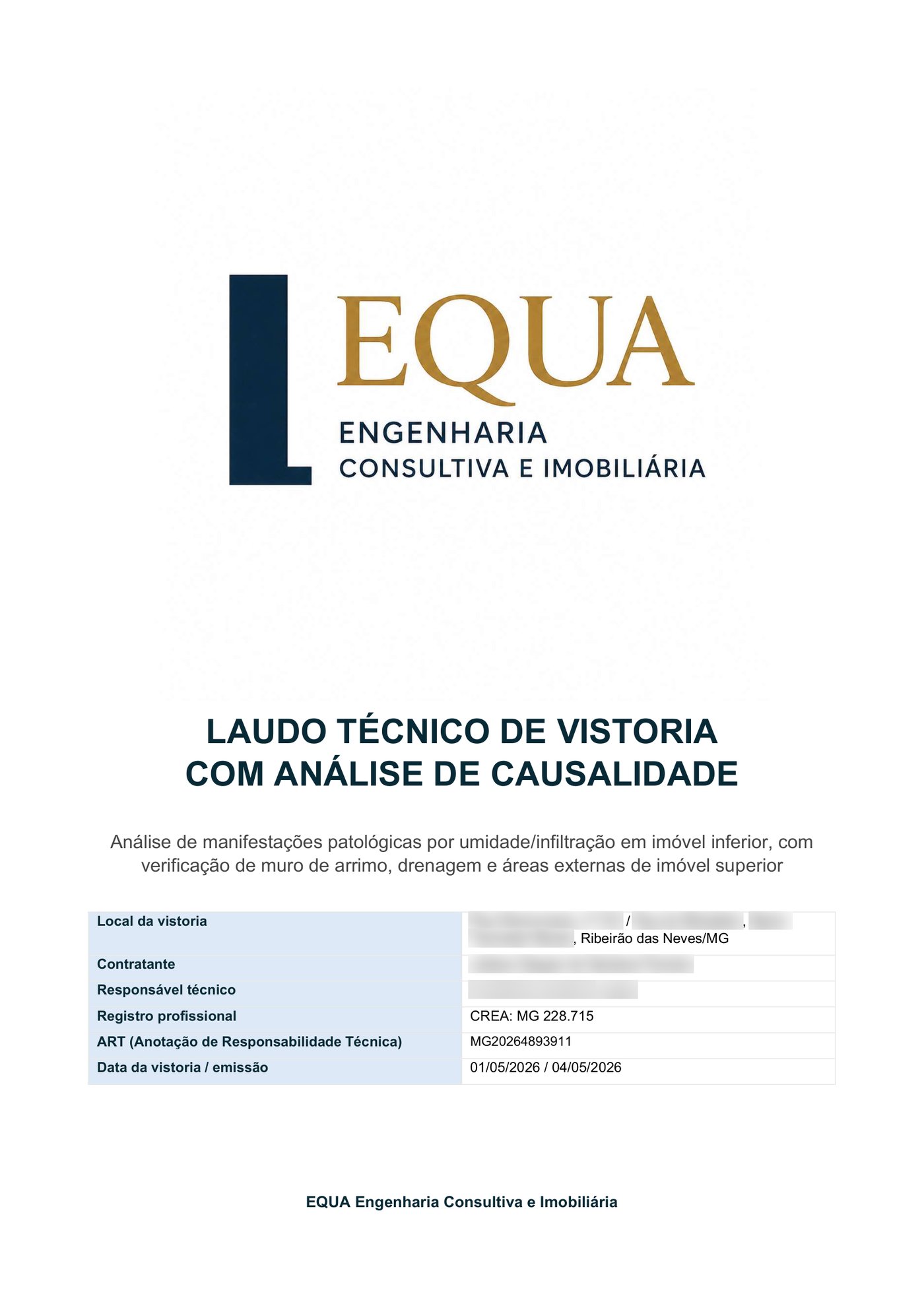 Capa do laudo técnico com identificação, ART e responsável técnico