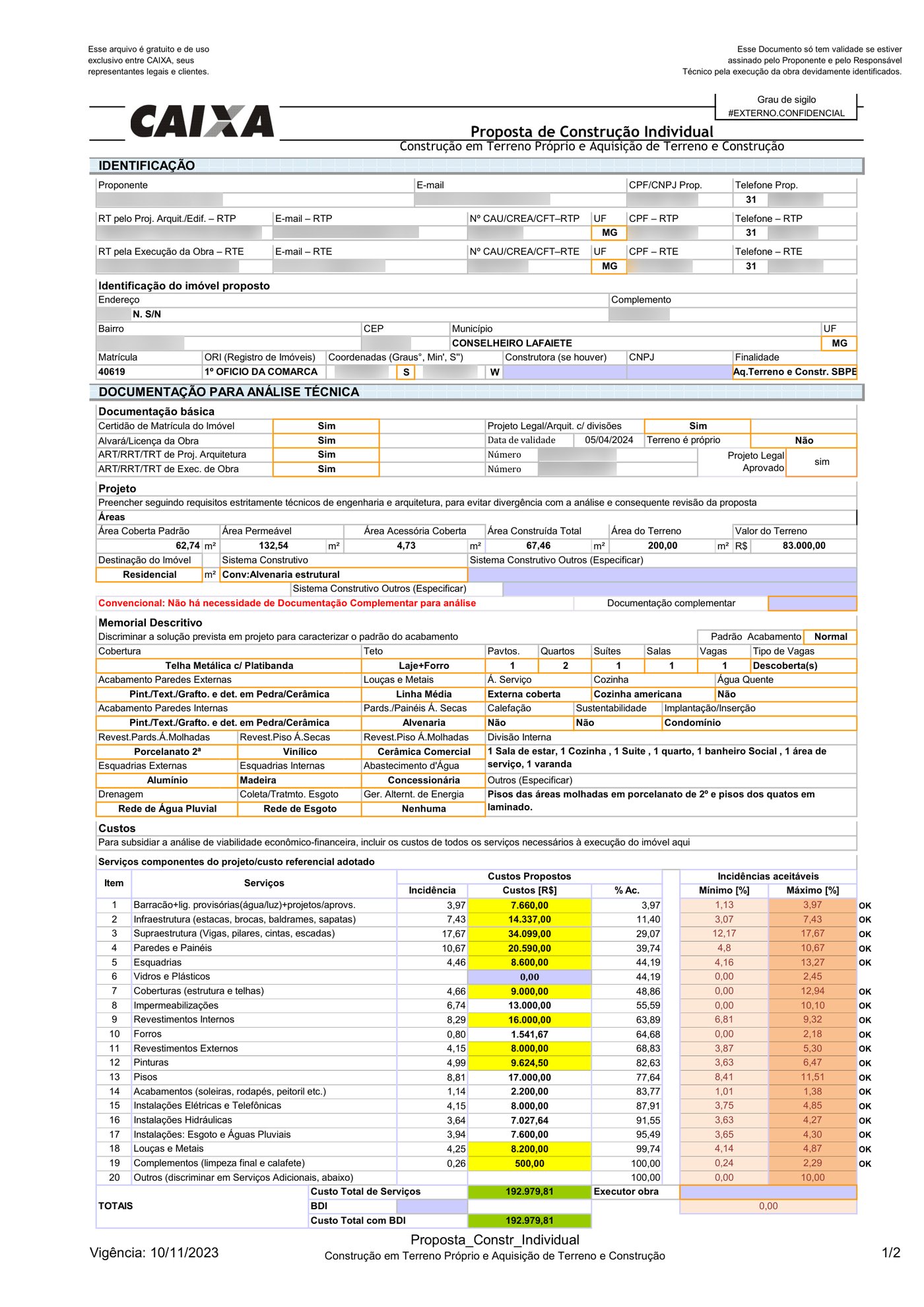 Planilha de Custos e Índices (PCI) no padrão Caixa Econômica Federal