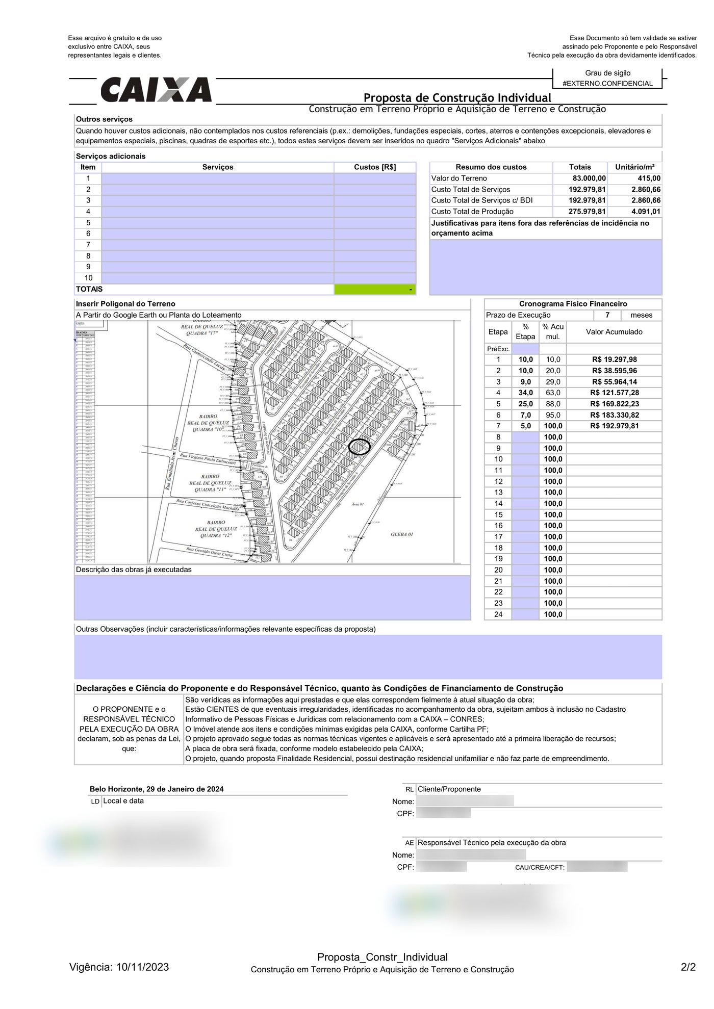 Cronograma físico-financeiro, croqui do terreno e assinaturas digitais