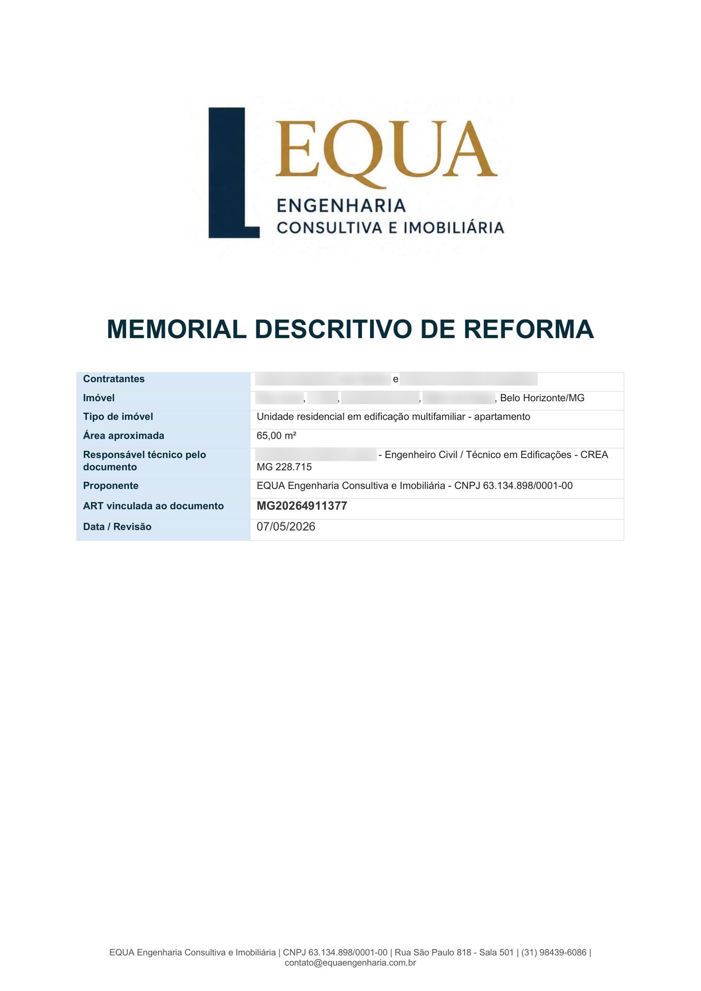 Capa do memorial descritivo de reforma, com ART vinculada e dados do imóvel
