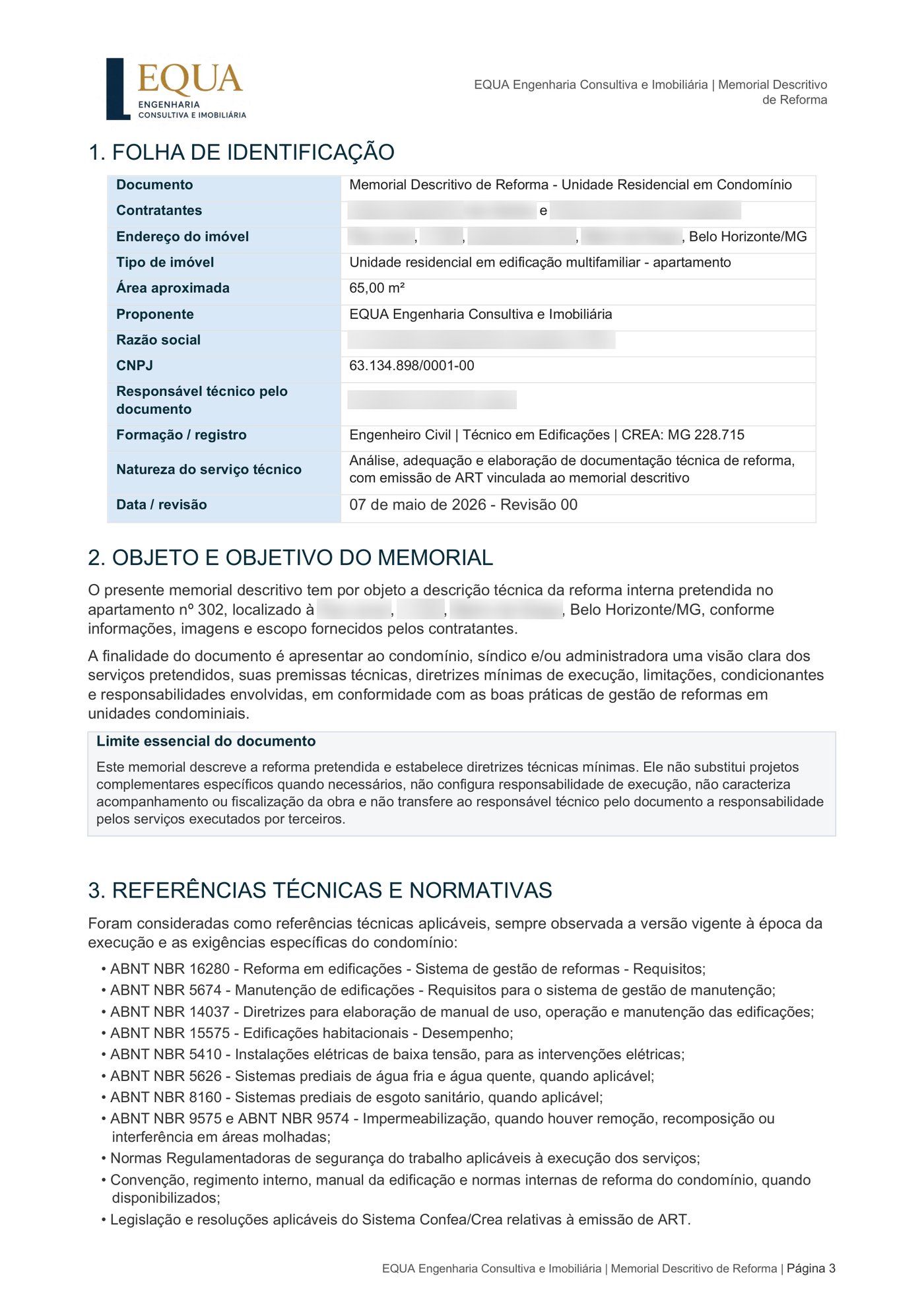 Folha de identificação completa do memorial
