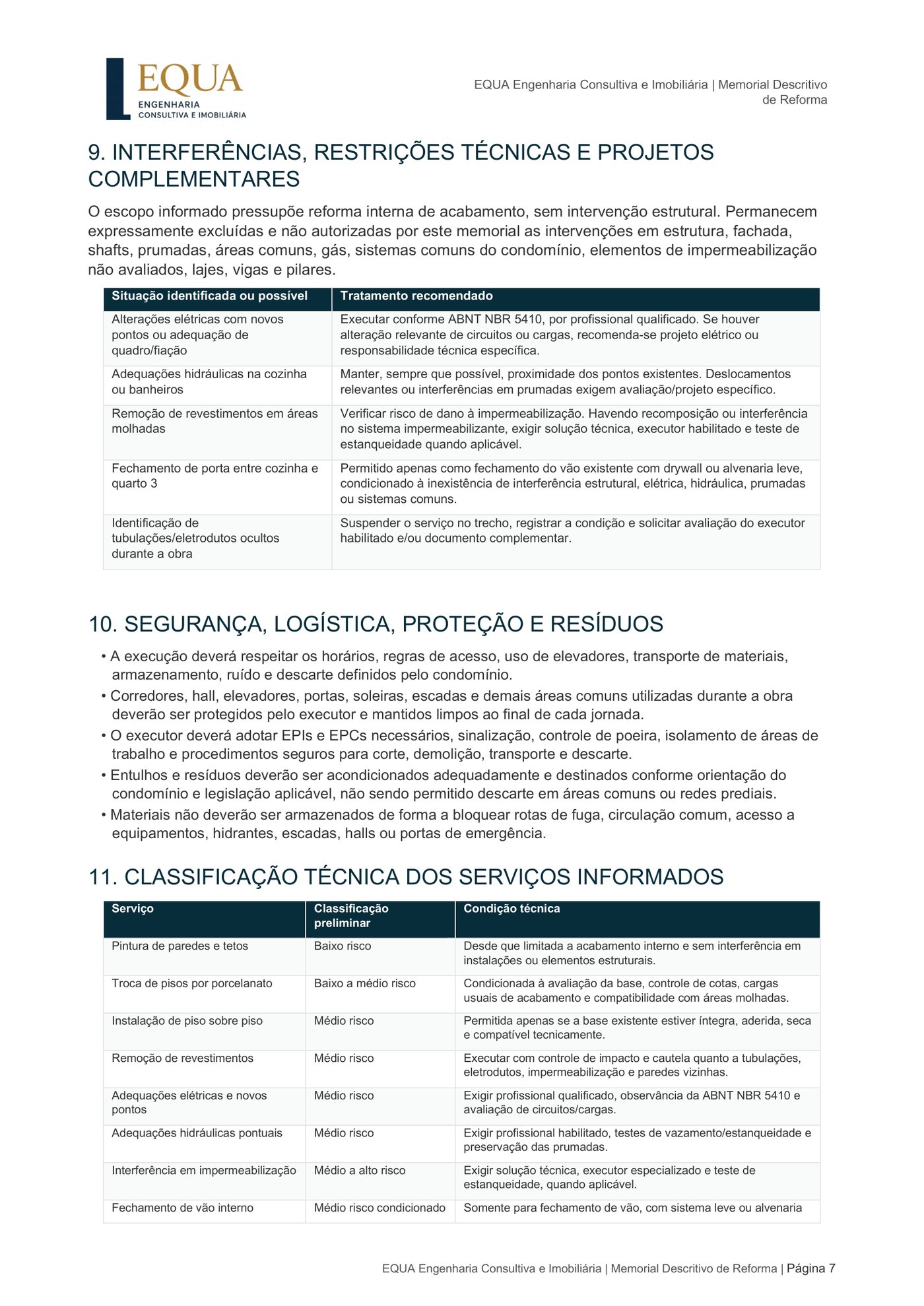 Quadro de interferências, restrições técnicas e classificação de risco