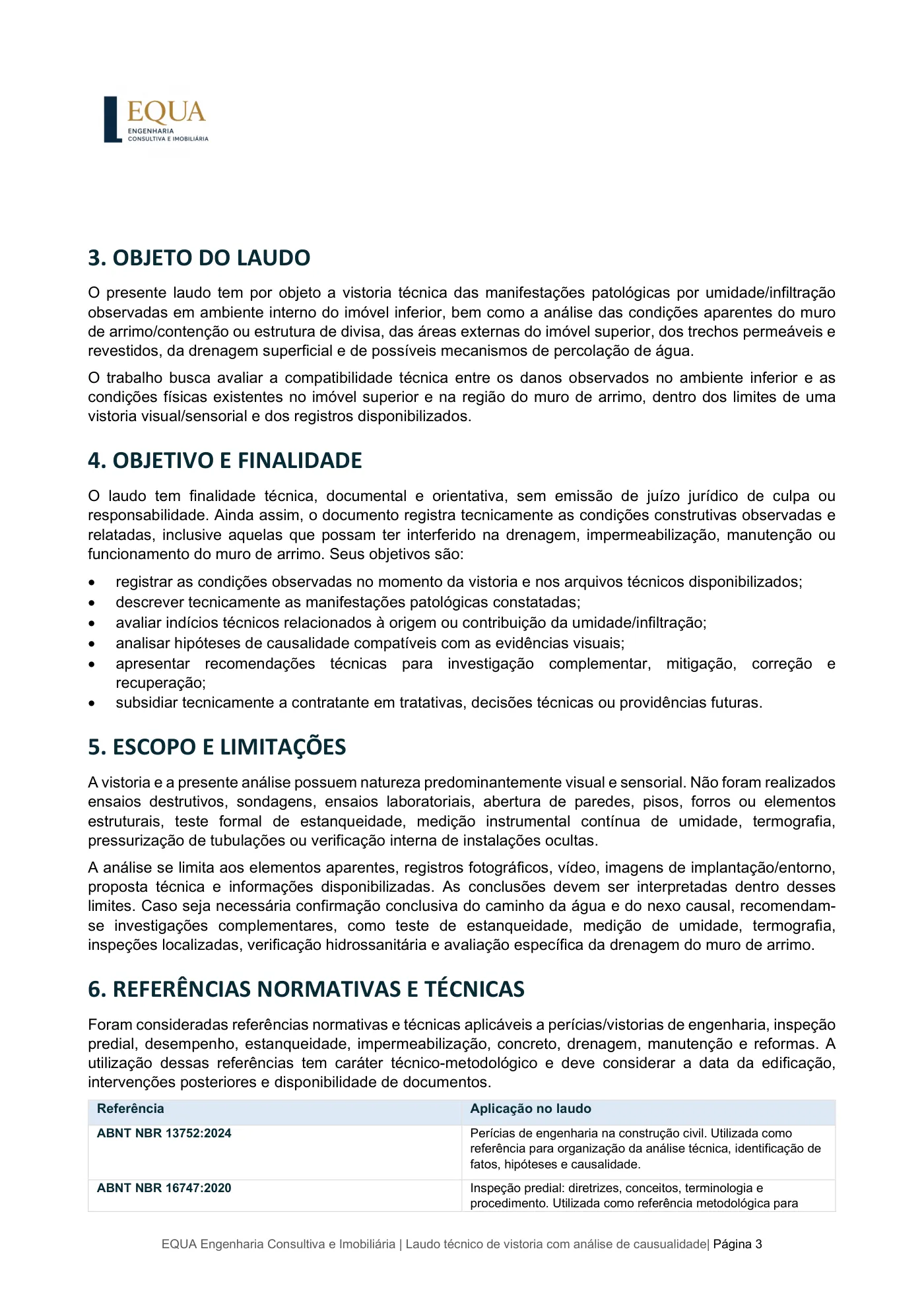 Objeto, objetivo, escopo e normas do laudo