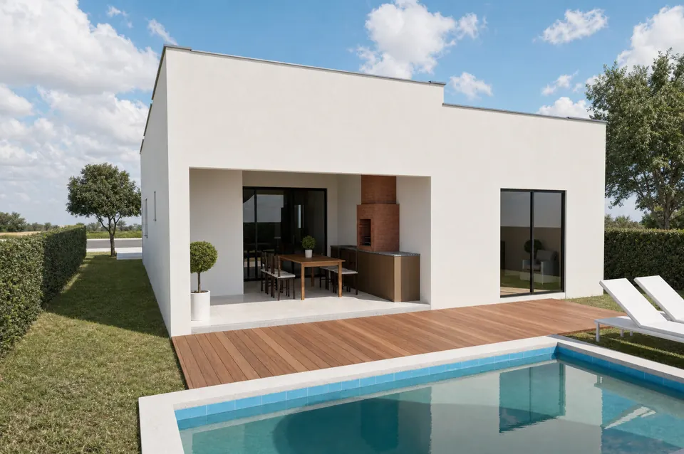 Imagem 3D dos fundos da casa de 153 m²: área gourmet coberta com churrasqueira e mesa, deck de madeira, espreguiçadeiras e piscina