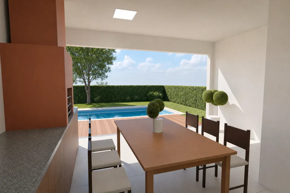 Imagem 3D da área gourmet da casa de 153 m², com churrasqueira de tijolo, mesa de madeira com cadeiras e vista para a piscina e o jardim