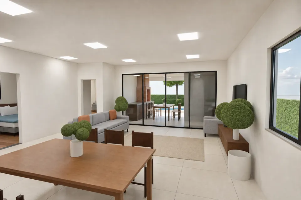 Imagem 3D da sala da casa de 153 m², com mesa de jantar em primeiro plano, sofá cinza, rack com TV e porta de vidro aberta para a área gourmet