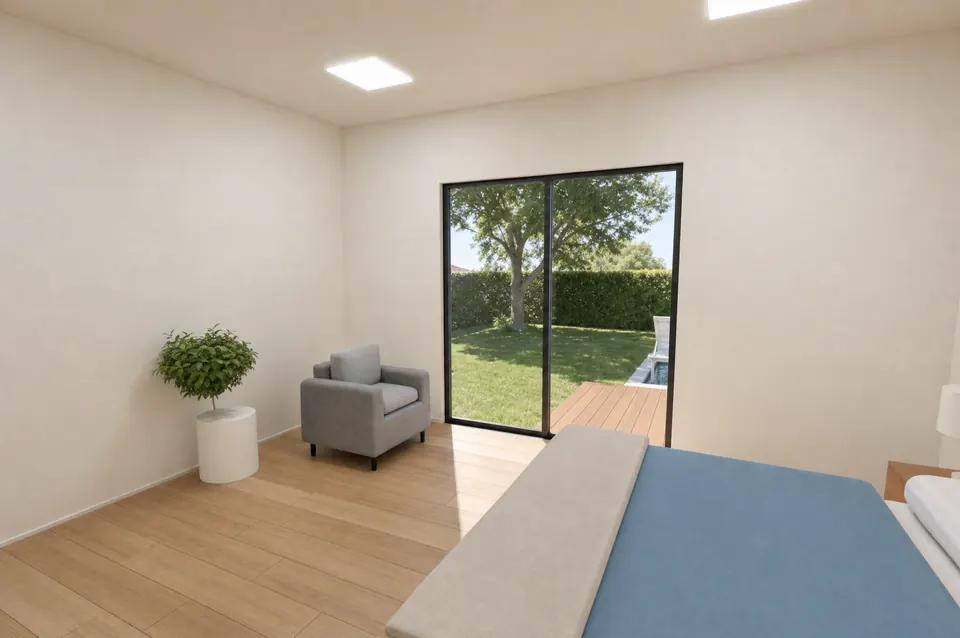 Imagem 3D da suíte da casa de 153 m², com piso de madeira, poltrona, vaso de planta e porta de vidro de correr para o jardim