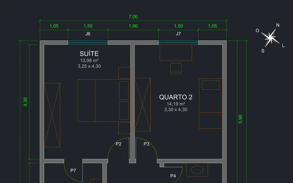 Trecho da planta da casa de 80 m² aberto em tela de CAD com fundo escuro: paredes em cinza, portas em amarelo, móveis em laranja, janelas em azul e cotas em verde da suíte e do quarto 2, com as portas dos banhos