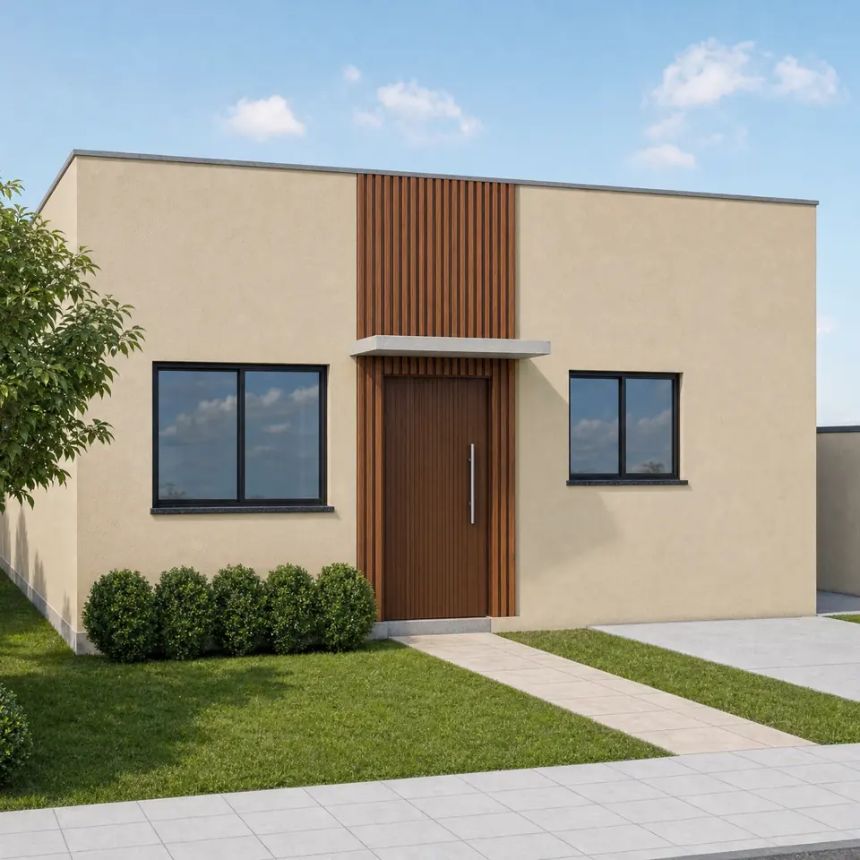 Imagem 3D da fachada de uma casa térrea de 80 m² com paredes cor areia, faixa de ripas de madeira na entrada, porta de madeira com marquise de concreto e janelas pretas, gramado e calçada na frente