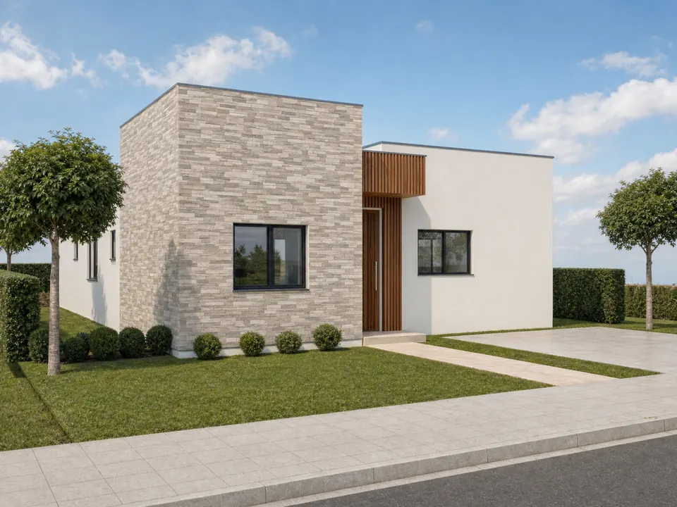Imagem 3D da fachada de uma casa térrea de 153 m² em condomínio, com bloco revestido de pedra, entrada em ripado de madeira e volume branco, gramado, árvores e calçada