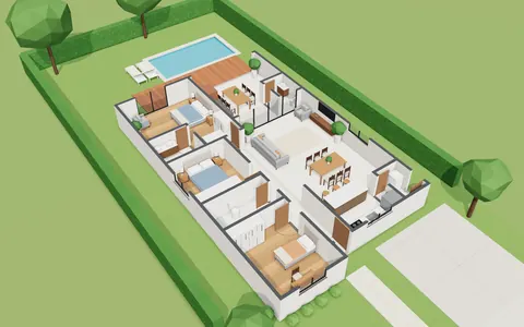 Maquete 3D da casa de 153 m² sem telhado, com os cômodos mobiliados, deck de madeira e piscina no fundo do lote de condomínio