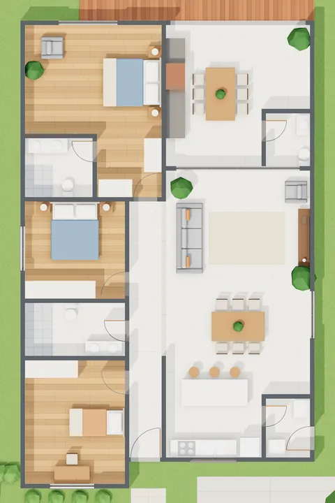 Planta humanizada em 3D vista de cima da casa de 153 m²: três quartos, um deles suíte com closet, galeria de entrada, sala integrada à cozinha e área gourmet com mesa