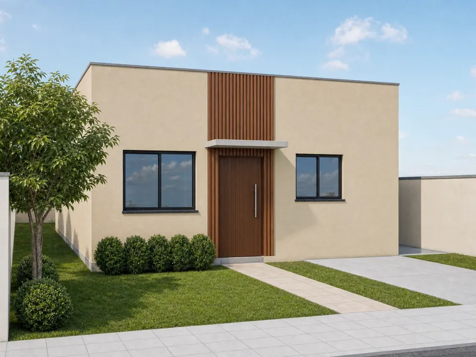 Imagem 3D da fachada de uma casa térrea de 80 m² com paredes cor areia, faixa de ripas de madeira na entrada, porta de madeira com marquise de concreto e janelas pretas, gramado e calçada na frente