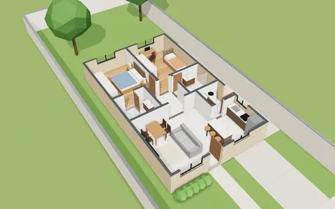 Maquete 3D da casa de 80 m² sem telhado, com os cômodos mobiliados vistos de cima, dentro do lote com gramado, árvores, caminho e vaga