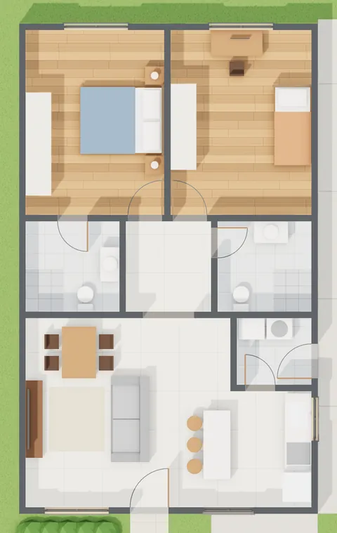 Planta humanizada em 3D vista de cima da casa de 80 m², com piso de madeira nos dois quartos, sofá e mesa de jantar na sala, cozinha com ilha, dois banheiros e área de serviço
