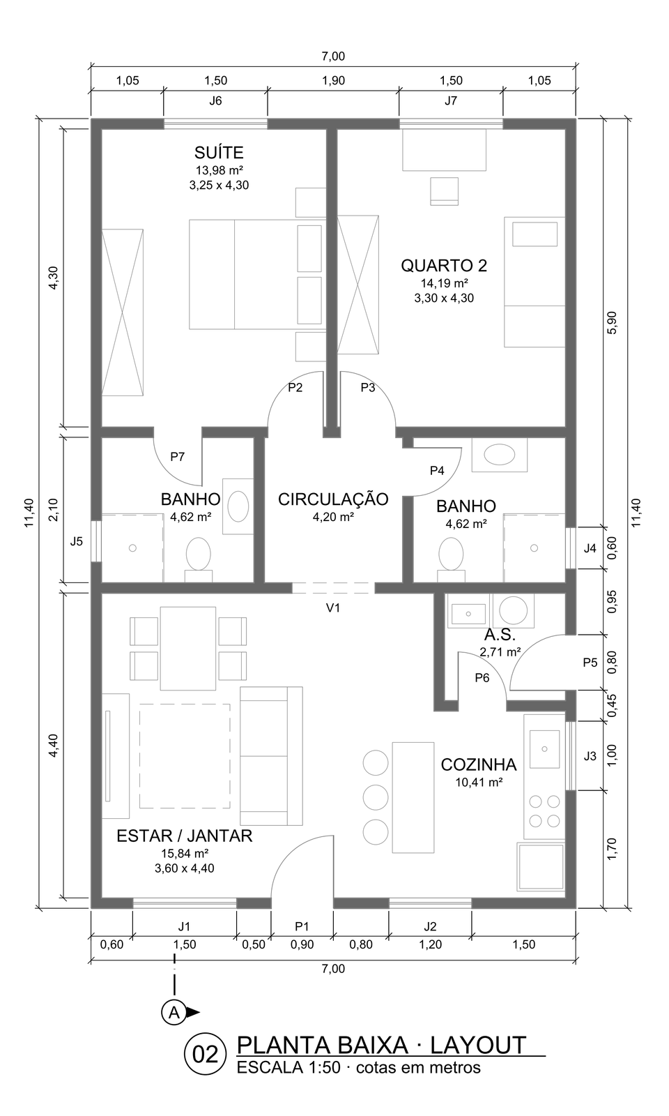 Planta baixa técnica da mesma casa de 80 m², com a mesma distribuição do rascunho, agora com paredes, portas, janelas, móveis, área de cada cômodo e todas as cotas