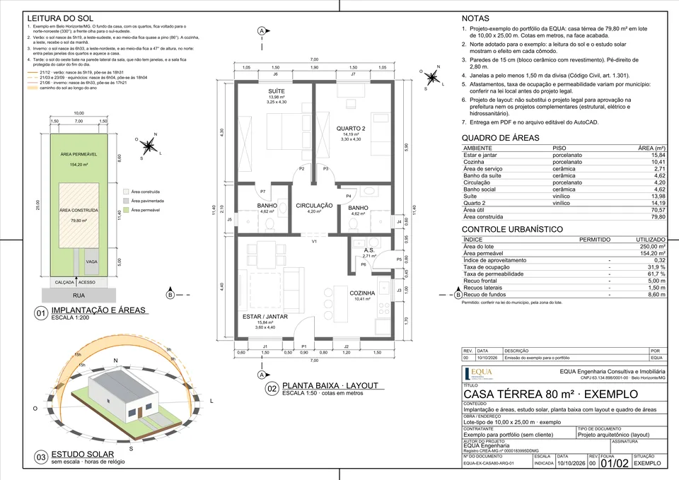 Prancha 01 do projeto-exemplo, com implantação, estudo solar e planta baixa