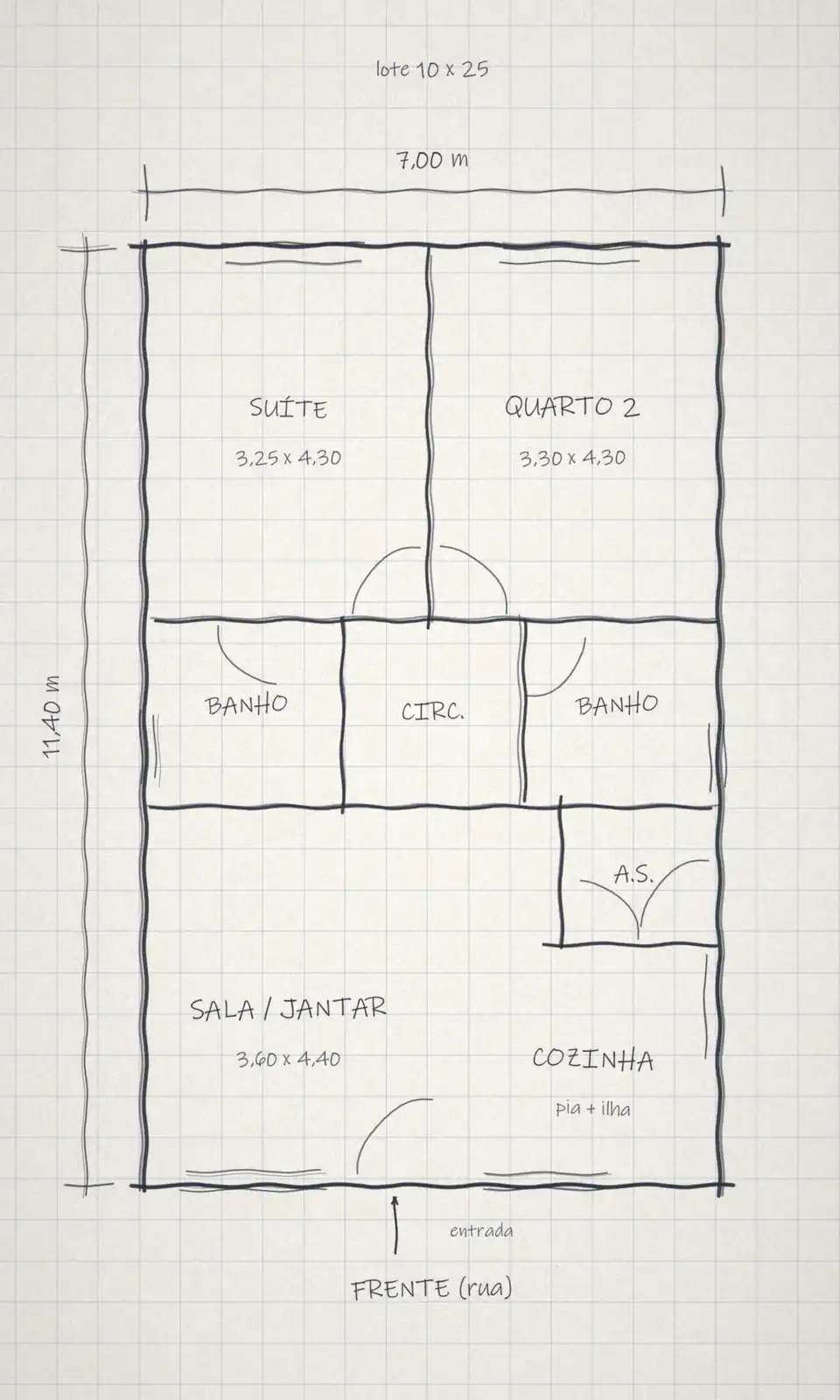 Ilustração de um rascunho à mão, a lápis, em papel quadriculado: a planta de uma casa de 80 m² com suíte, quarto 2, dois banheiros, circulação, sala e jantar, cozinha e área de serviço, e as medidas 7,00 m por 11,40 m escritas à mão