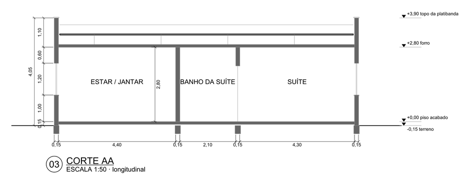 Corte AA longitudinal da casa de 80 m² passando pelo estar e jantar, pelo banho da suíte e pela suíte, com cotas de altura, pé-direito de 2,80 m e níveis