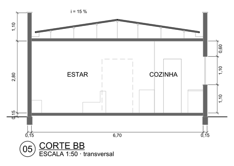 Corte BB transversal da casa de 80 m² pela sala e pela cozinha, com o telhado embutido de 15 % de inclinação, pé-direito de 2,80 m e a altura das janelas