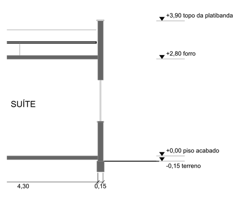 Trecho do corte AA da casa de 80 m² com os níveis marcados: piso acabado +0,00, forro +2,80, topo da platibanda +3,90 e terreno -0,15