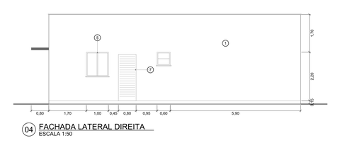 Fachada lateral técnica do projeto-exemplo, com medidas e janelas
