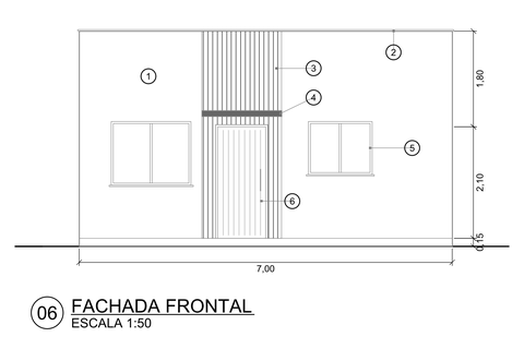Fachada frontal técnica da casa de 80 m² na escala 1:50, com 7,00 m de largura, janelas, porta de entrada, ripado e balões numerados dos acabamentos