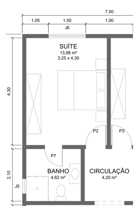 Trecho da planta com móveis e medidas do projeto-exemplo