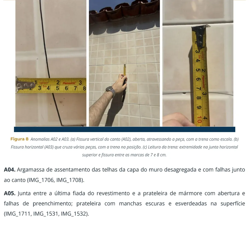 Cautelar de vizinhança: anomalia com escala. Cada fissura fotografada com a trena encostada, para a comparação depois da obra ser feita no mesmo ponto