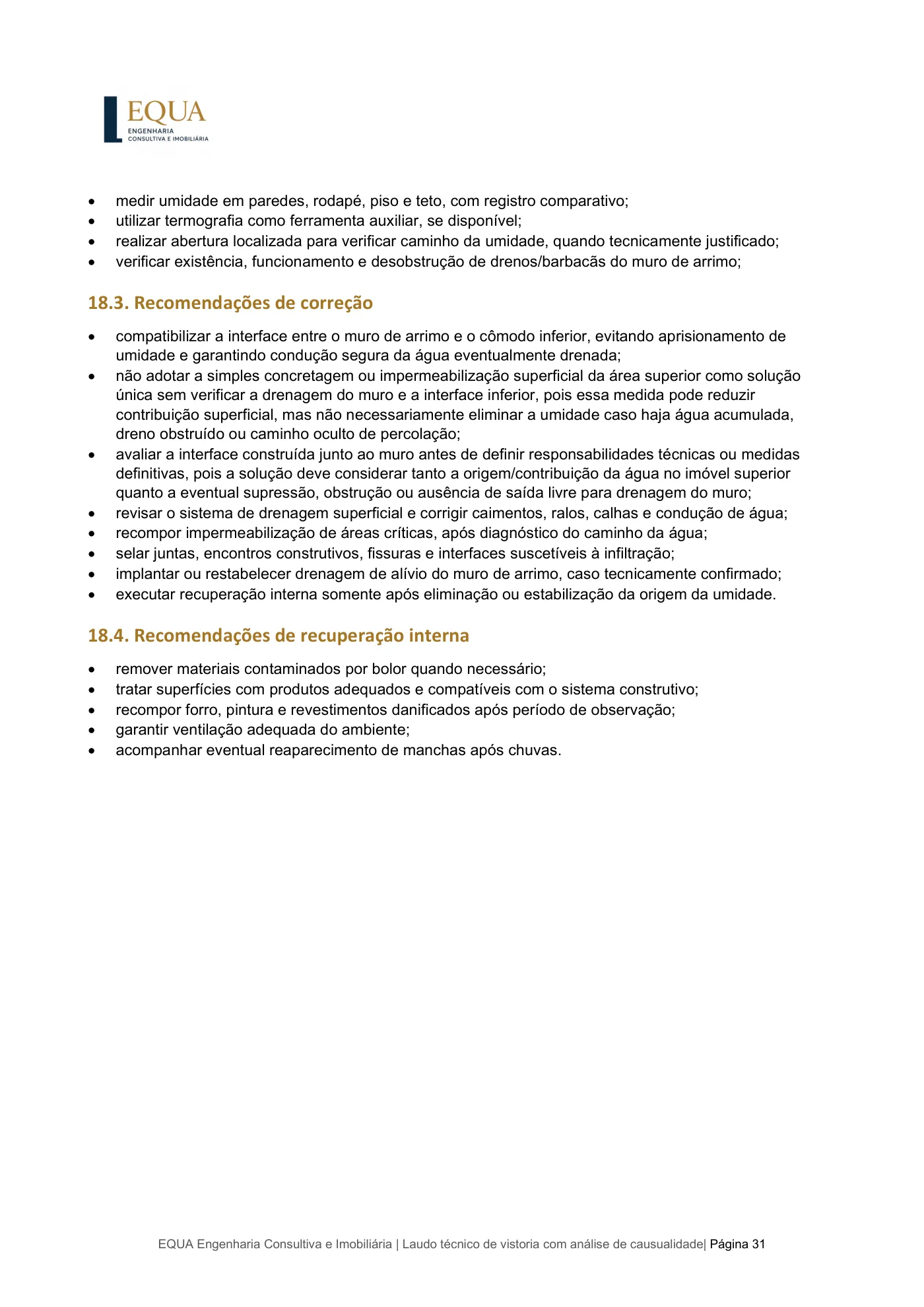 Página do laudo com recomendações de investigação, de correção e de recuperação interna
