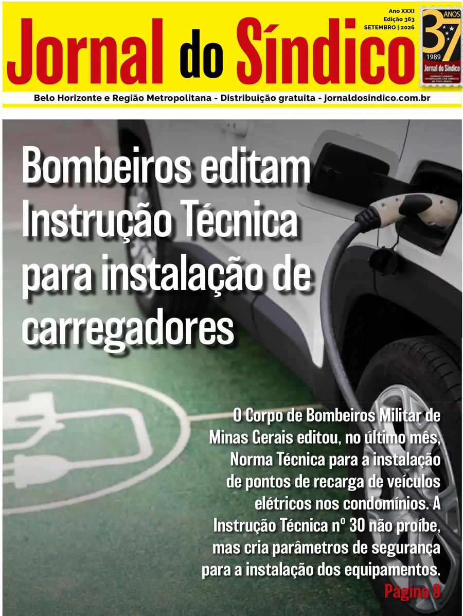 Capa do Jornal do Síndico, edição 363, setembro de 2026, com a manchete: Bombeiros editam Instrução Técnica para instalação de carregadores